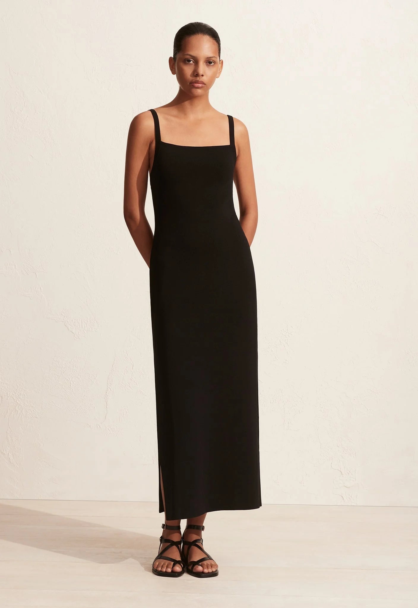 matteau square knit dress salome.mory wears the @matteau square slip dress in truffle