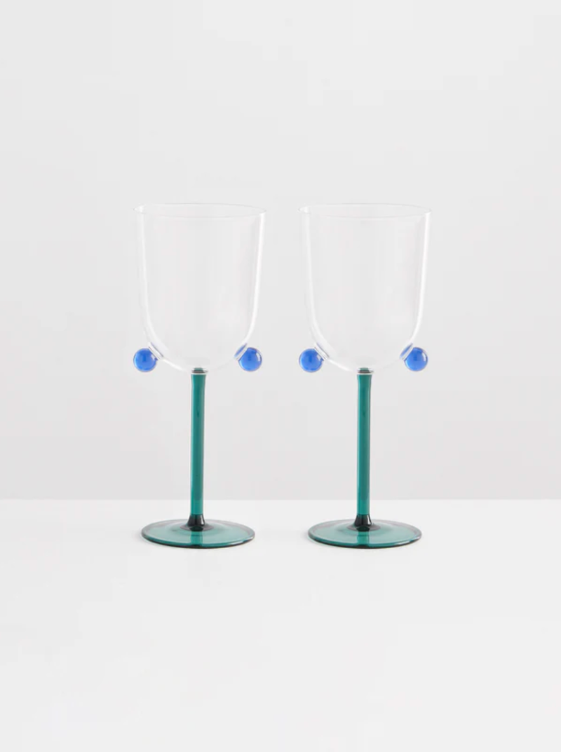 2 POMPOM WINE GLASSES SMOKE CLEAR TEAL