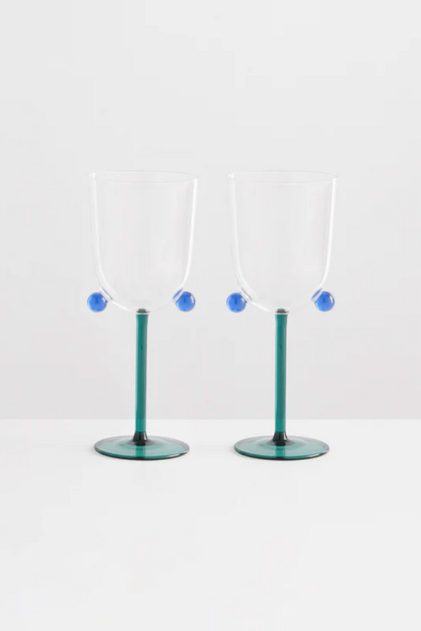 2 POMPOM WINE GLASSES SMOKE CLEAR TEAL - MAISON BALZAC