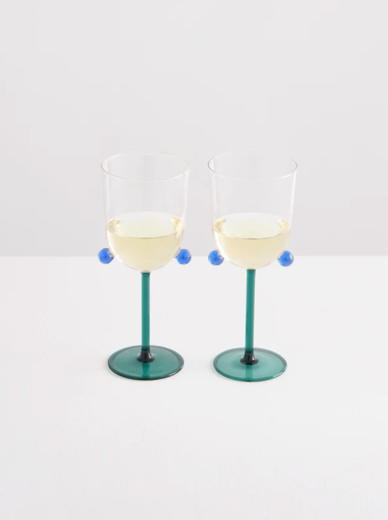 2 POMPOM WINE GLASSES SMOKE CLEAR TEAL