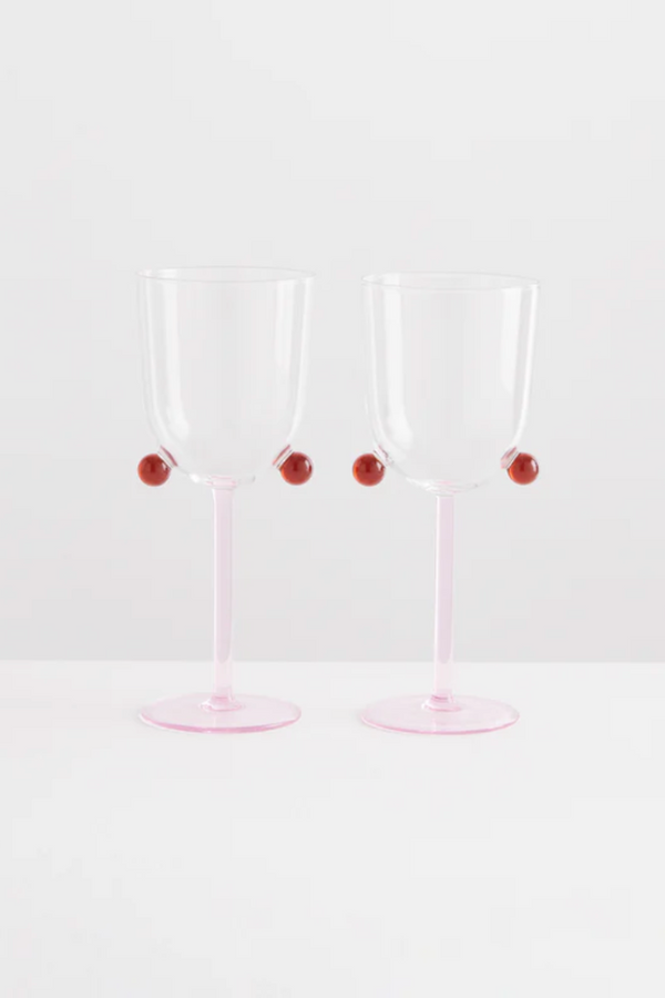 2 POMPOM WINE GLASSES PINK CLEAR AMBER - MAISON BALZAC