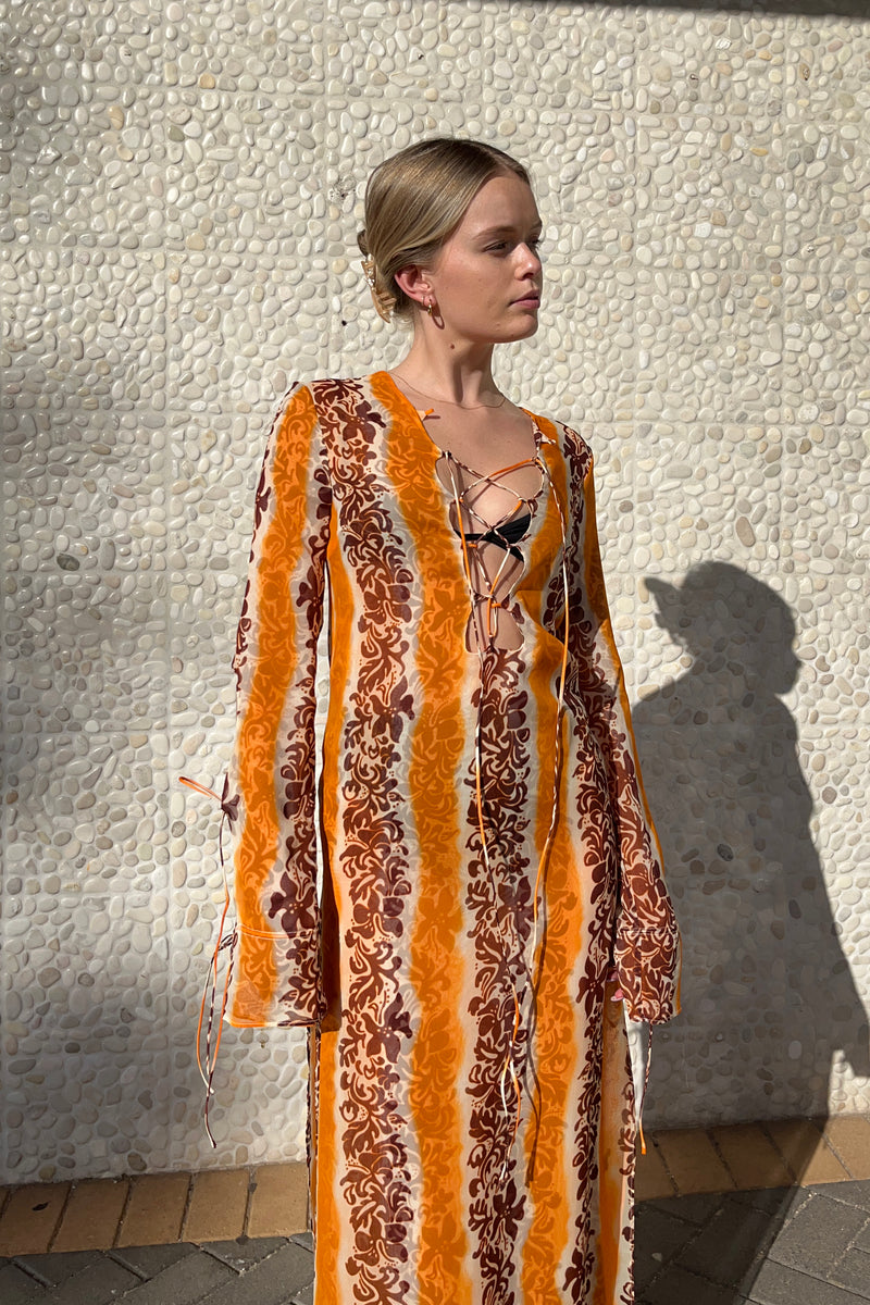 TIE FRONT LAYERED COLUMN DRESS TIGER HIBISCUS - CHRISTOPHER ESBER